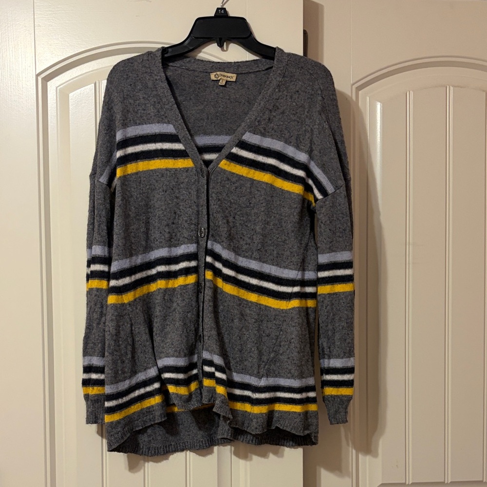 Democracy Gray V-Neck Cardigan with Yellow, Black & White Stripes